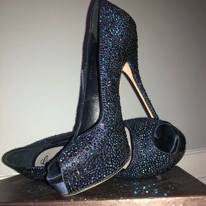 Blue Crystal Open Toe Platform Stilettos